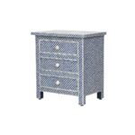 Bone Inlay Lattice Dark Blue Bedside Table With 3 Drawers - Image 3