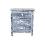 Bone Inlay Lattice Dark Blue Bedside Table With 3 Drawers