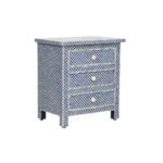 Bone Inlay Lattice Dark Blue Bedside Table With 3 Drawers - Image 2