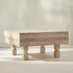 Hand‑Carved Mango Wood Coffee Table — Square with Geometric Lattice Carving