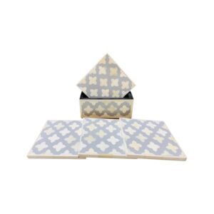 White & Grey Square Handmade Bone Inlay Coasters – Luxury Geometric Pattern Drink Coasters (Set of 4)