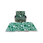 Square Polished Green Bone Inlay Tea Coasters – Set of 4 with Holder - Image 3