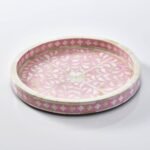 Handcrafted Round Pink Serving Tray - Ottoman Bone Inlay Floral Pattern Decorative Tray