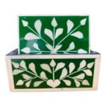 Square Polished Green Bone Inlay Tea Coasters – Set of 4 with Holder