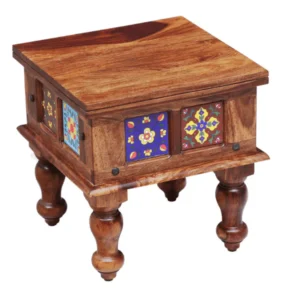 Hand-Painted Solid Wood Side Table with Floral Tile Design